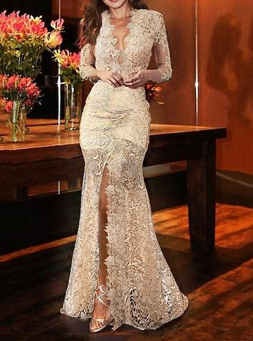 Sexy Champagne Mermaid Formal Evening Dresses Split V Neck Lace Prom Party Gowns fg4787