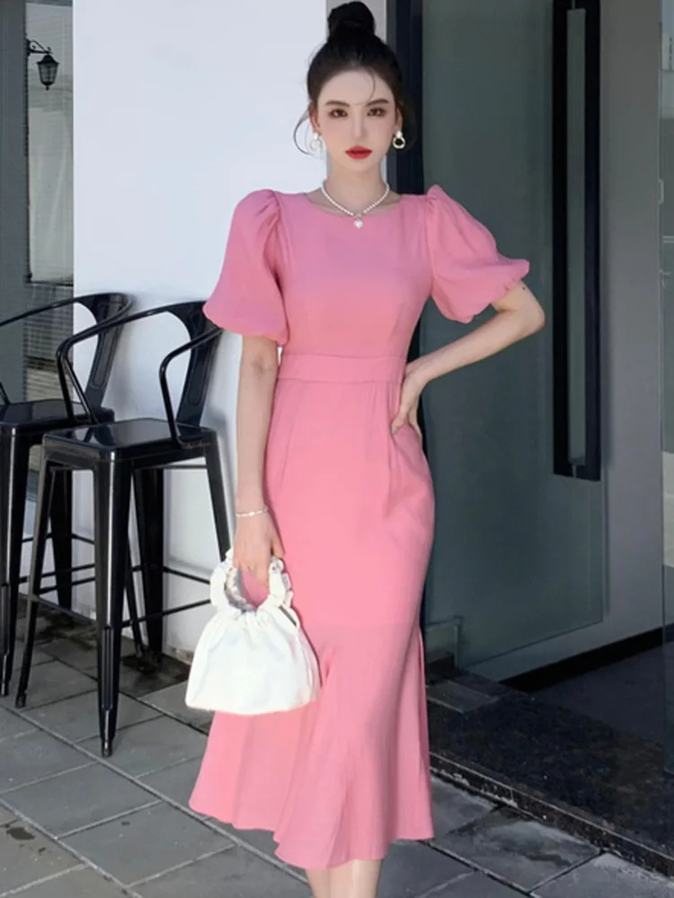 Classy Pink Puff Sleeves Mid-length Prom Dress,Pink Evening Dress fg4680