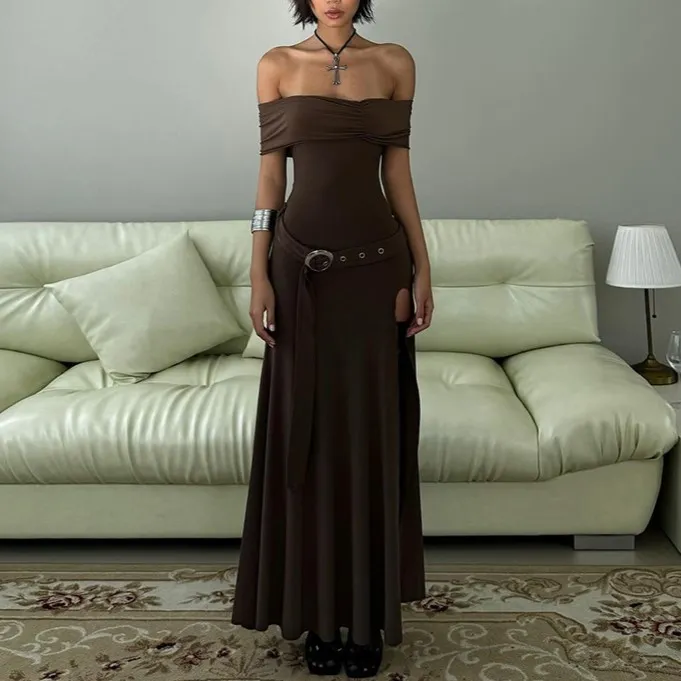 Off Shoulder Slit Maxi A-Line Dress fg5484