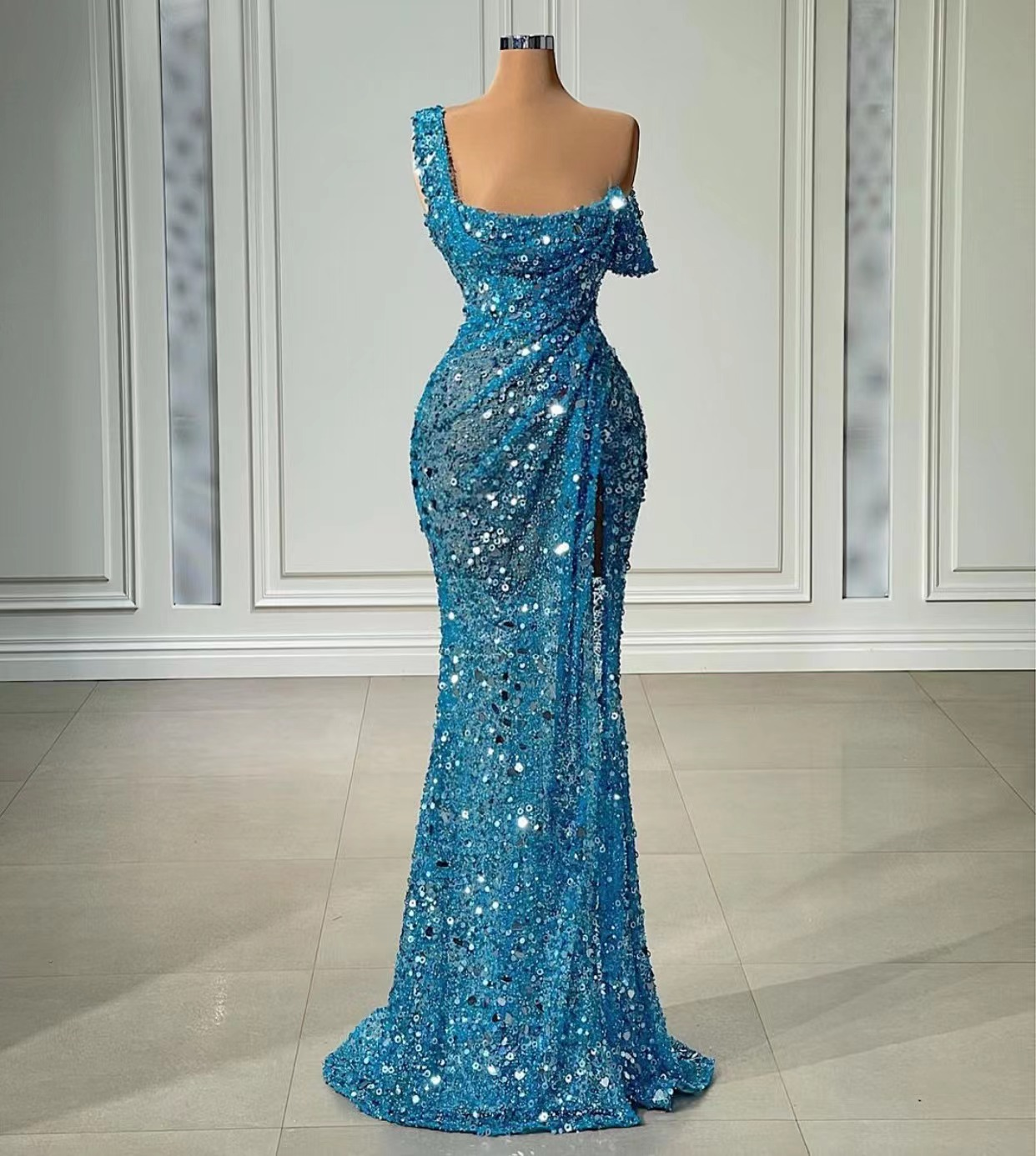 One Shoulder Sparkly Evening Dresses Long Mermaid Blue Sexy Formal Party Dresses fg4286