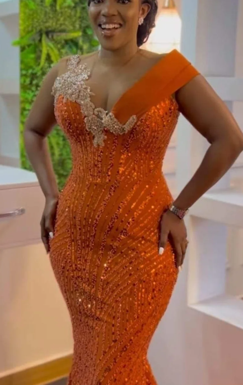 Sequined African Dress,Custom Mermaid Long Orange Evening Dress fg5703