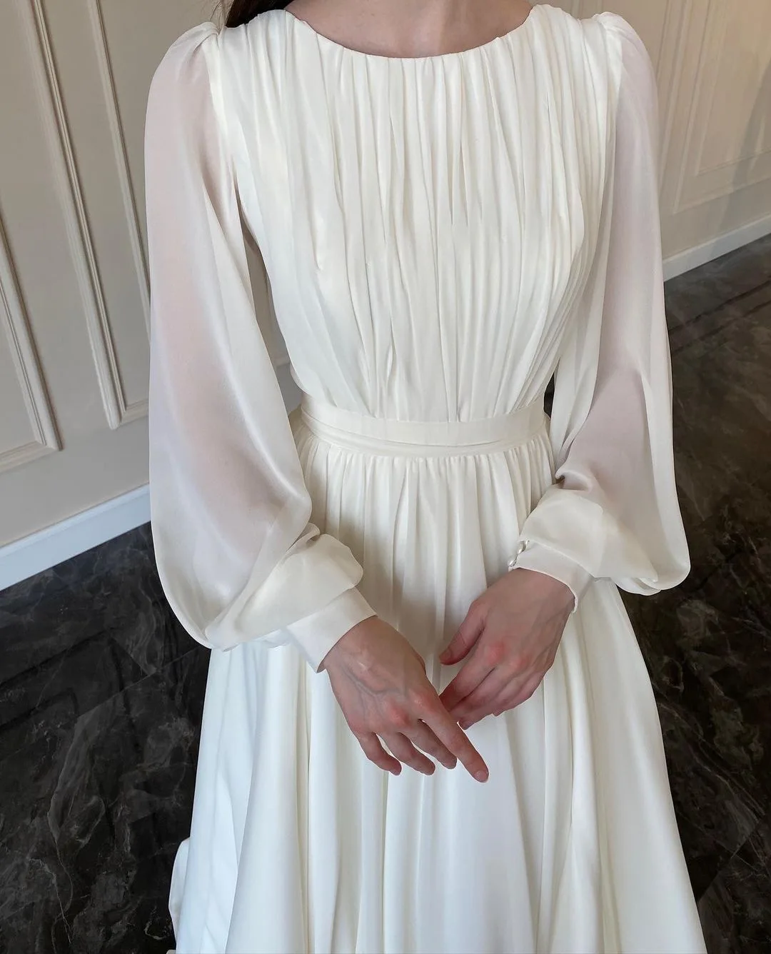 Women Elegant Pleated Lantern Sleeve Round Neck Maxi Dress Fashion Long Sleeve Party Evening Dress fg5902