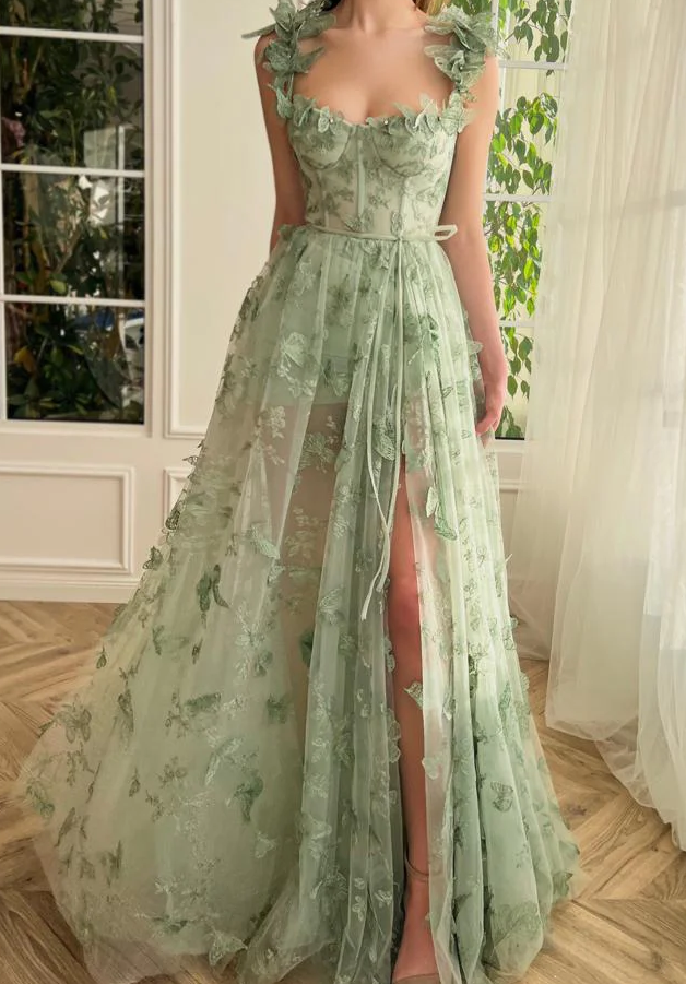 Green Tulle Butterfly Long Prom Dress fg3594