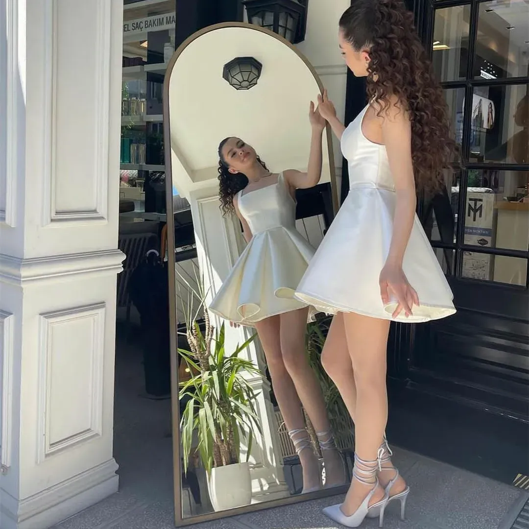 Elegant Short Homecoming Dresses Square Collar Satin Sleeveless A Line Mini Length Custom Made Female Dress fg5405