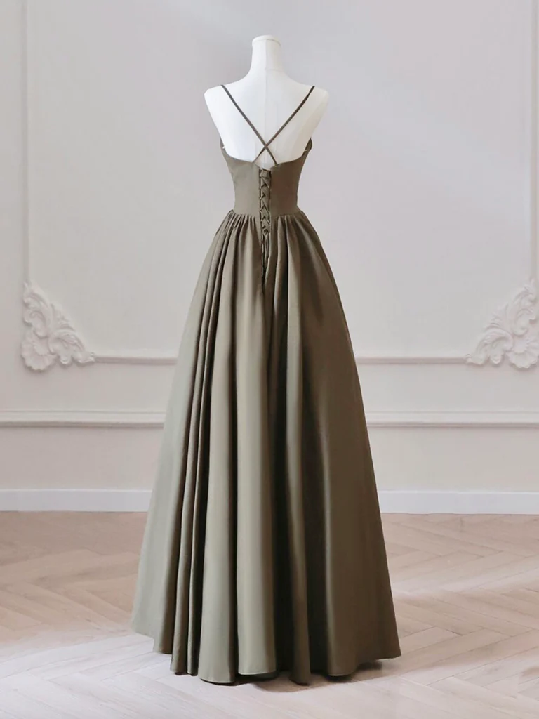 A-Line V Neck Satin Olive Green Long Prom Dress, Olive Green Long Formal Dress fg4938