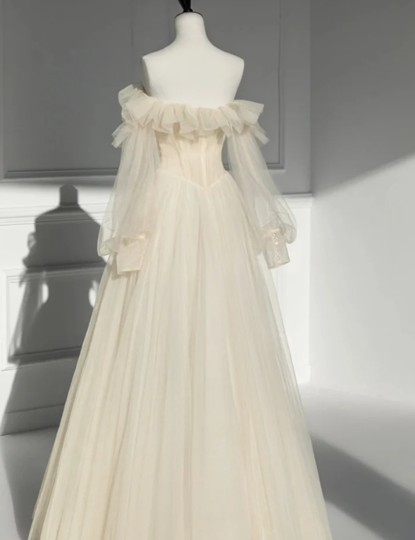 Champagne Off-the-shoulder Gown Dress Long Sleeve Prom Dress Evening Dress fg4297
