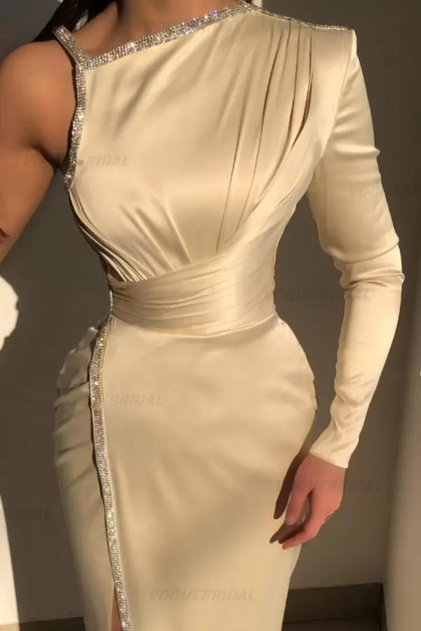 Elegant Ivory One-shoulder Long-Sleeve Sheath Prom Dresses with Sequins fg677