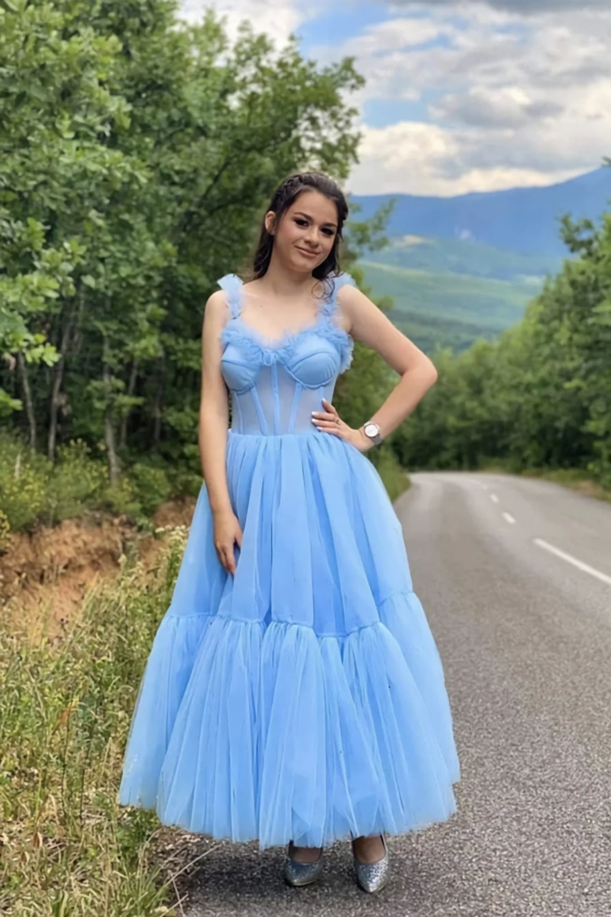 Sky Blue Straps Tulle A Line Prom Dress Sweetheart Homecoming Dresses fg3815