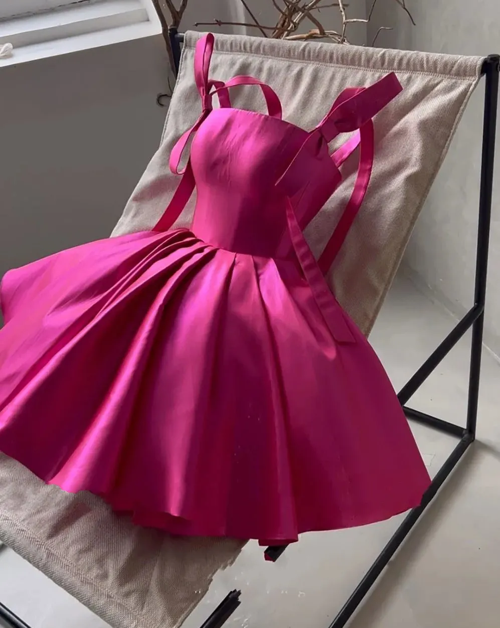 A Line Mini Prom Party Dress Bow Straps Satin Graduation Prom Ball Gown Short Cocktail Evening Gowns fg5724