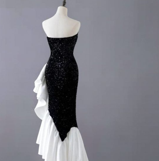 Black Sequin Mermaid Dress, Party Glitter Dress, Strapless Evening Gown For Women fg4872