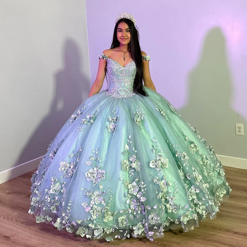 Light Green Quinceanera Dress with 3D Flowers Sleeveless Cape Ball Gown Corset Vestido De 15 Anos fg5534