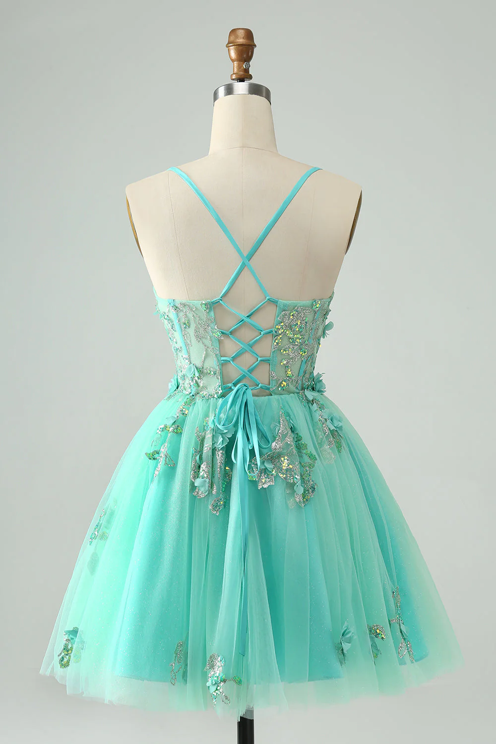 Sweet Green A Line Spaghetti Straps Corset Short Homecoming Dress with Appliques fg5497