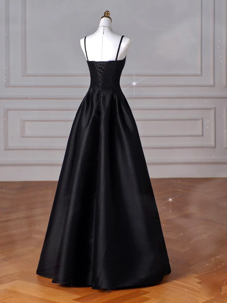 A-Line Sweetheart Neck Satin Black Long Prom Dress, Black Long Formal Dress fg5014