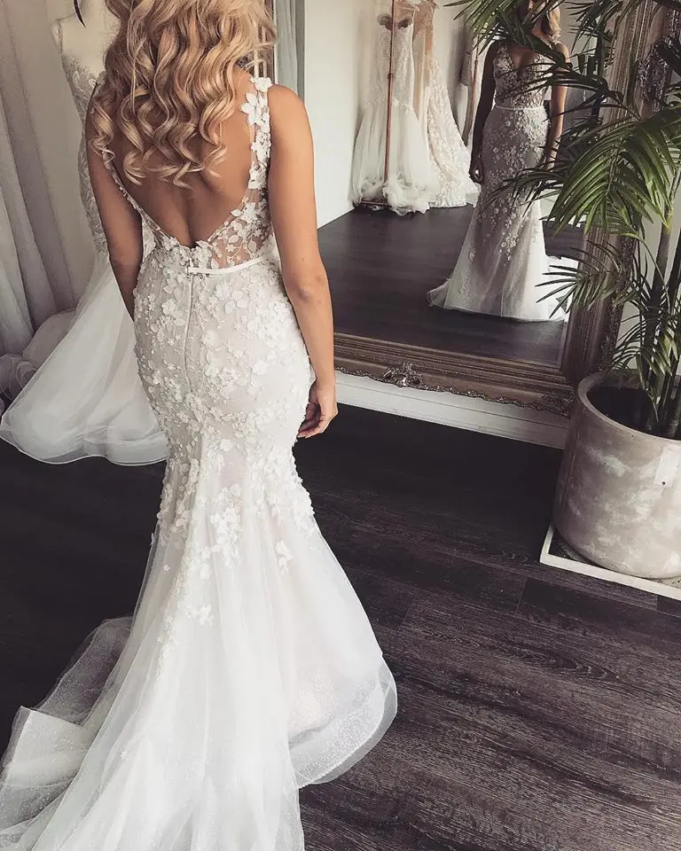 Gorgeous Mermaid Wedding Dresses 3D Floral Appliqued Sweep Train Country Bridal Gowns fg4600