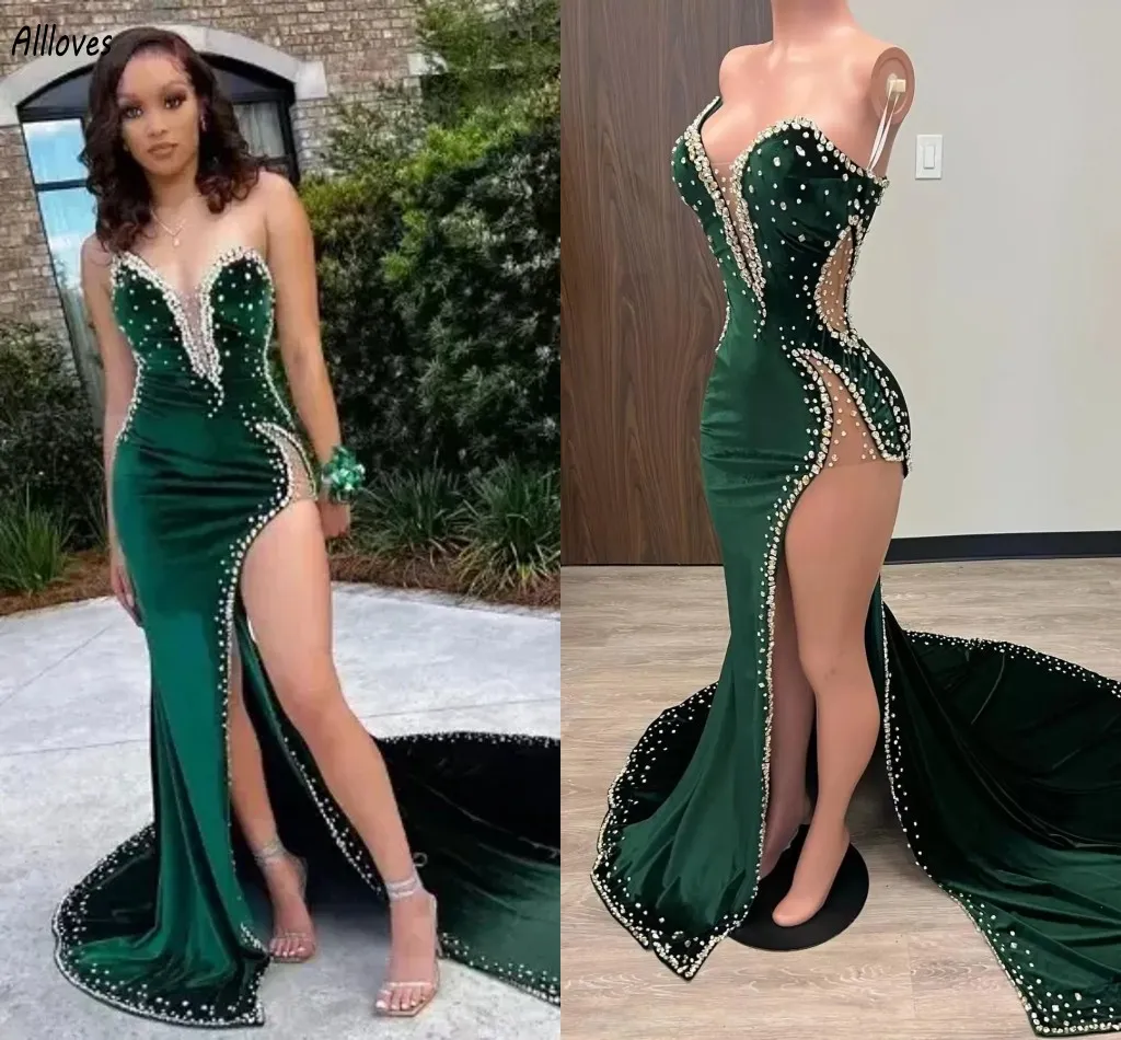 Hunter Green Velvet Prom Dresses African aso ebi Mermiad Evening Dress With Cape Slit Spaghetti Sparkly Beaded fg2901