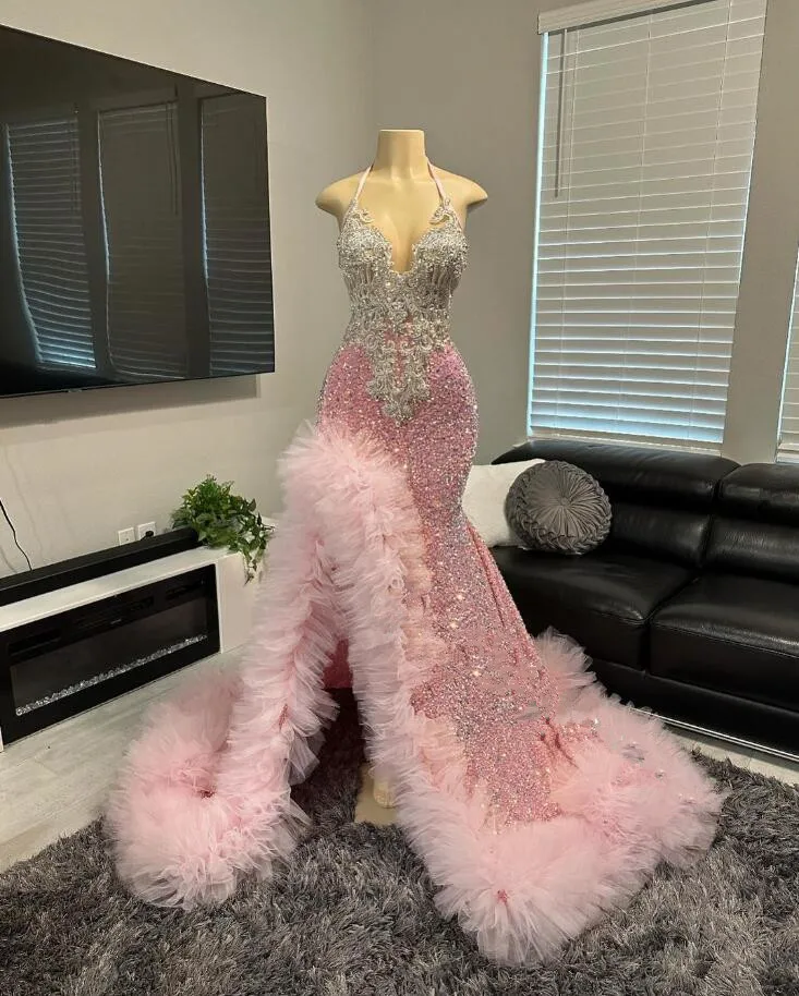 Pink Mermaid Prom Dress for Women 2024 Sparkly Black Girl Birthday Party Gown fg5126
