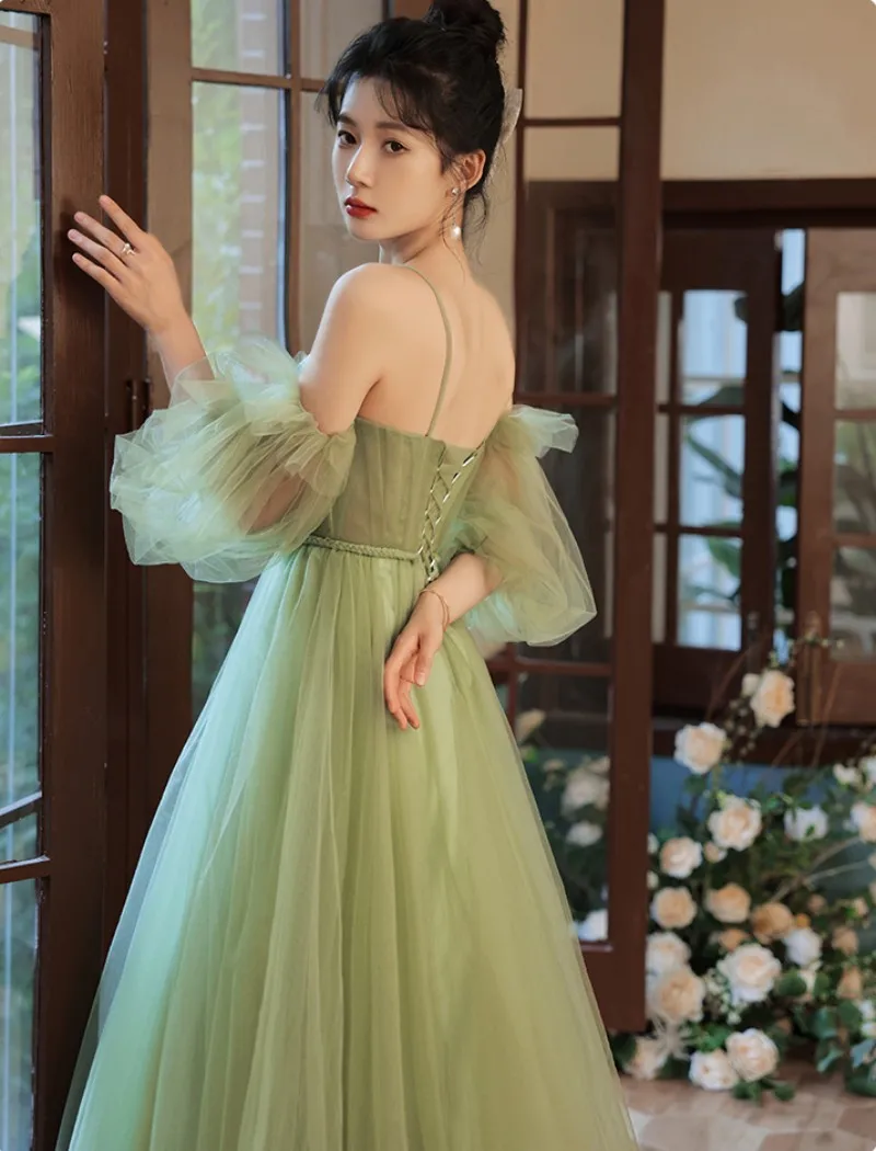 green tulle a line long prom dress, green tulle formal dress fg2704