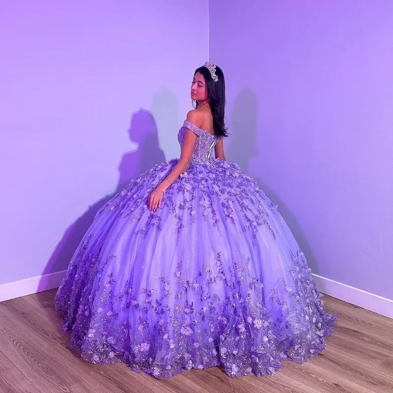 Purple Shiny Puffy Princess Quinceanera Dresses Off Shoulder Beads 3D Floral Gillter Sequins Lace-up Corset Vestidos 15 anos rosa fg5533
