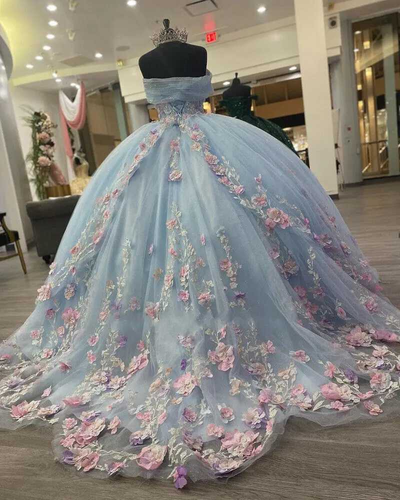 Light Blue Puffy Ball Gown Quinceanera Dresses Off Shoulder Flower Corset Sweet 16 Dress fg5683
