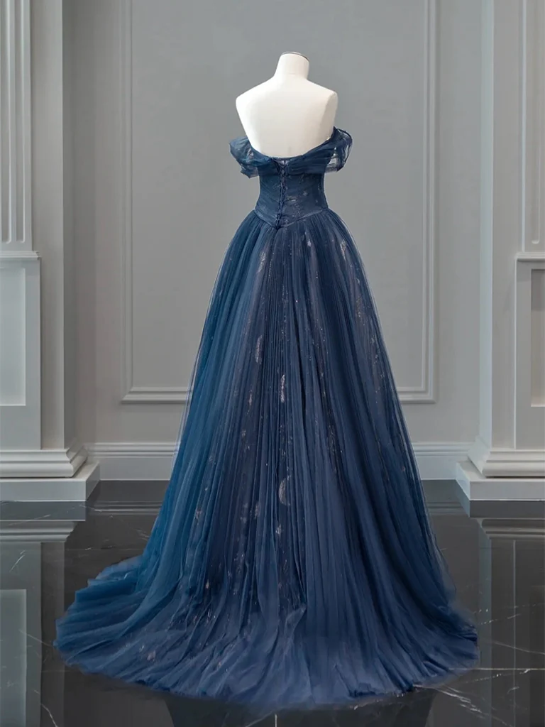 A-Line Off Shoulder Tulle Lace Dark Blue Long Prom Dress, Dark Blue Long Evening Dress fg5177