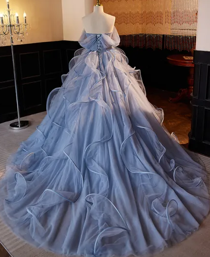 Fashion Sky Blue Ruffle Prom Dresses Ball Gown Sleeveless Prom Formal Dresses fg4883
