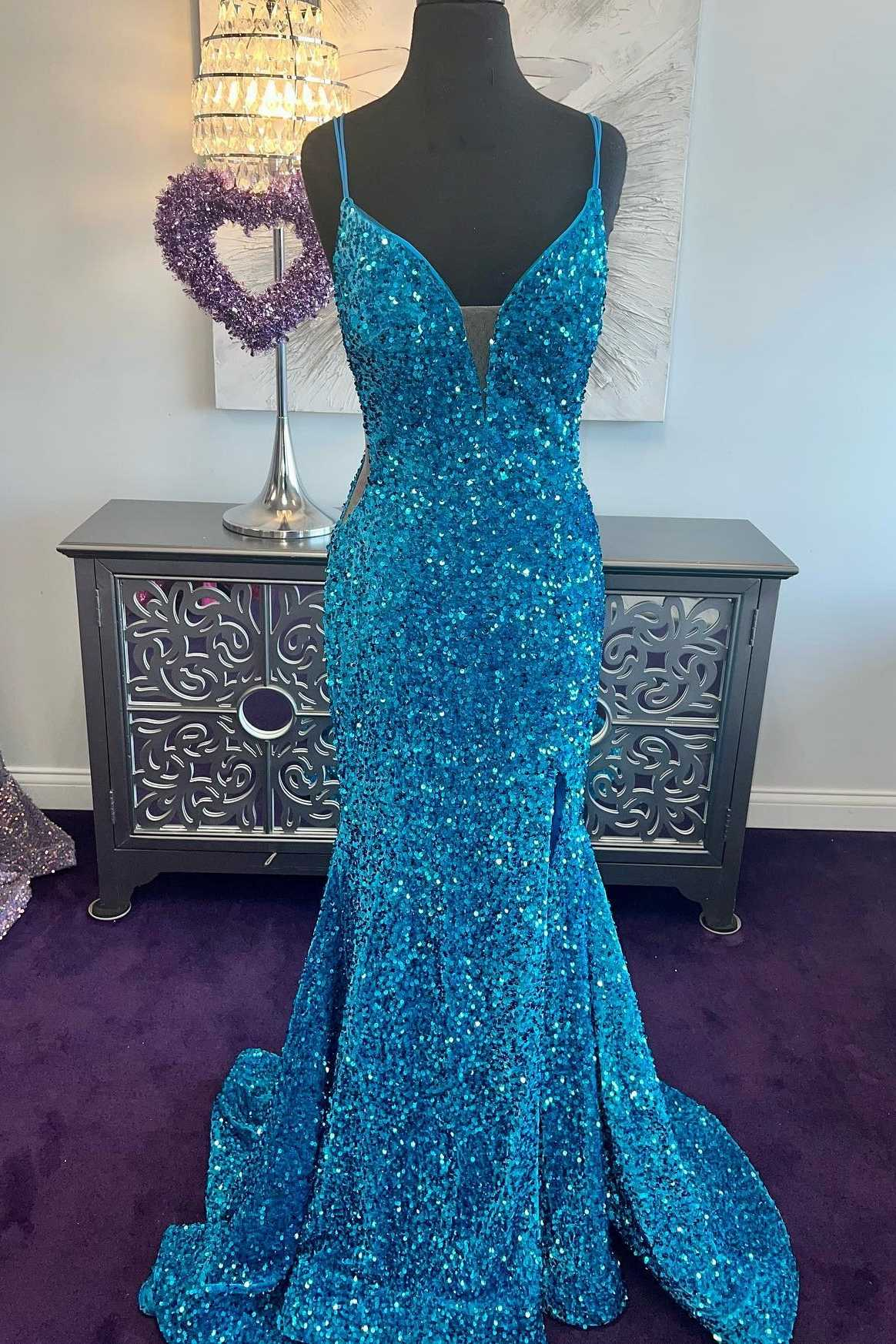 Blue Sequin Plunge V Mermaid Long Prom Dress with Slit fg5308