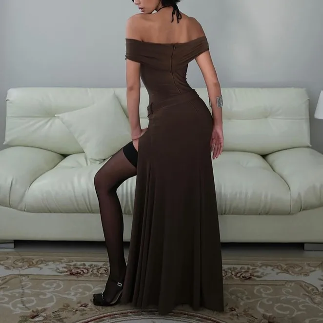 Off Shoulder Slit Maxi A-Line Dress fg5484
