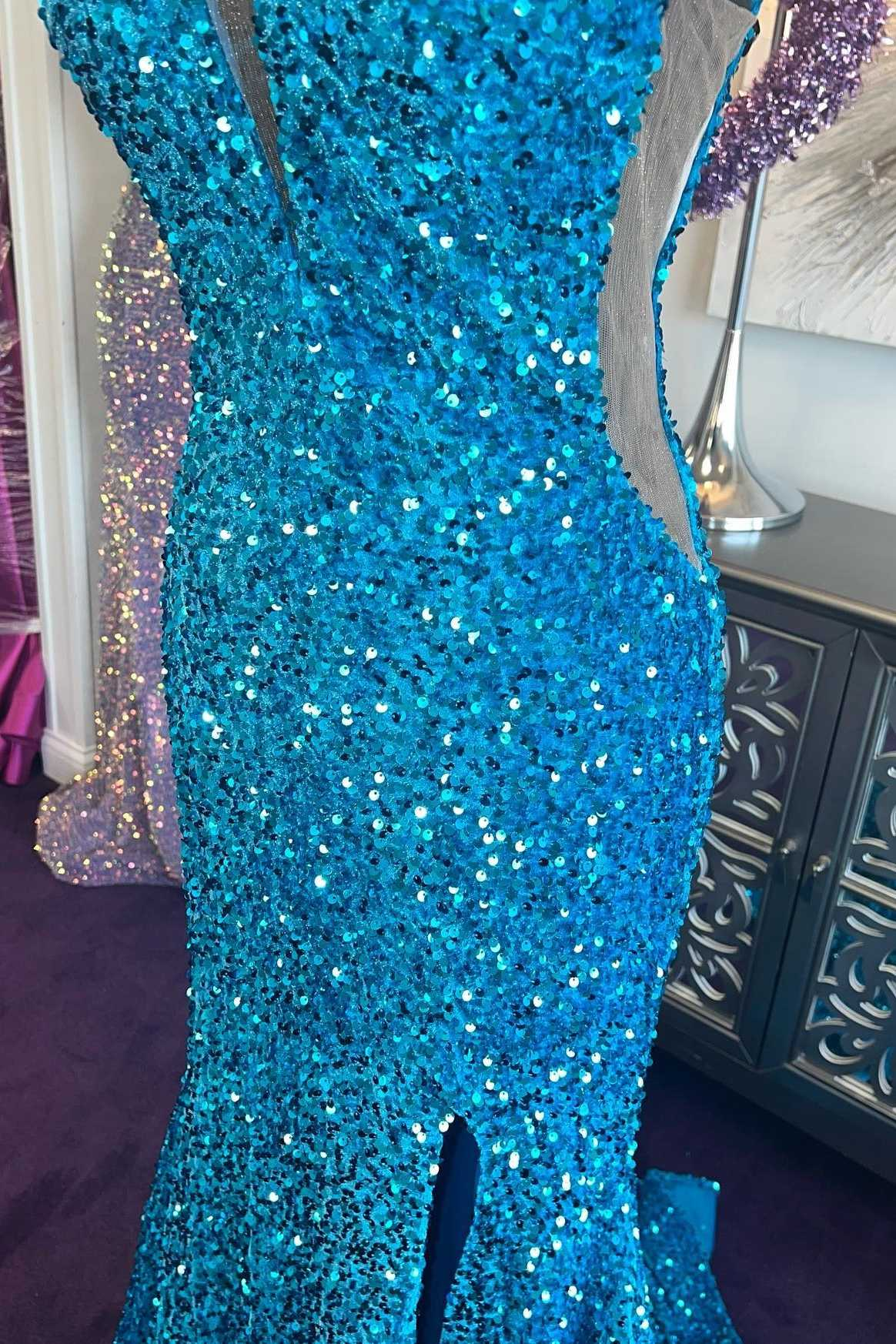 Blue Sequin Plunge V Mermaid Long Prom Dress with Slit fg5308