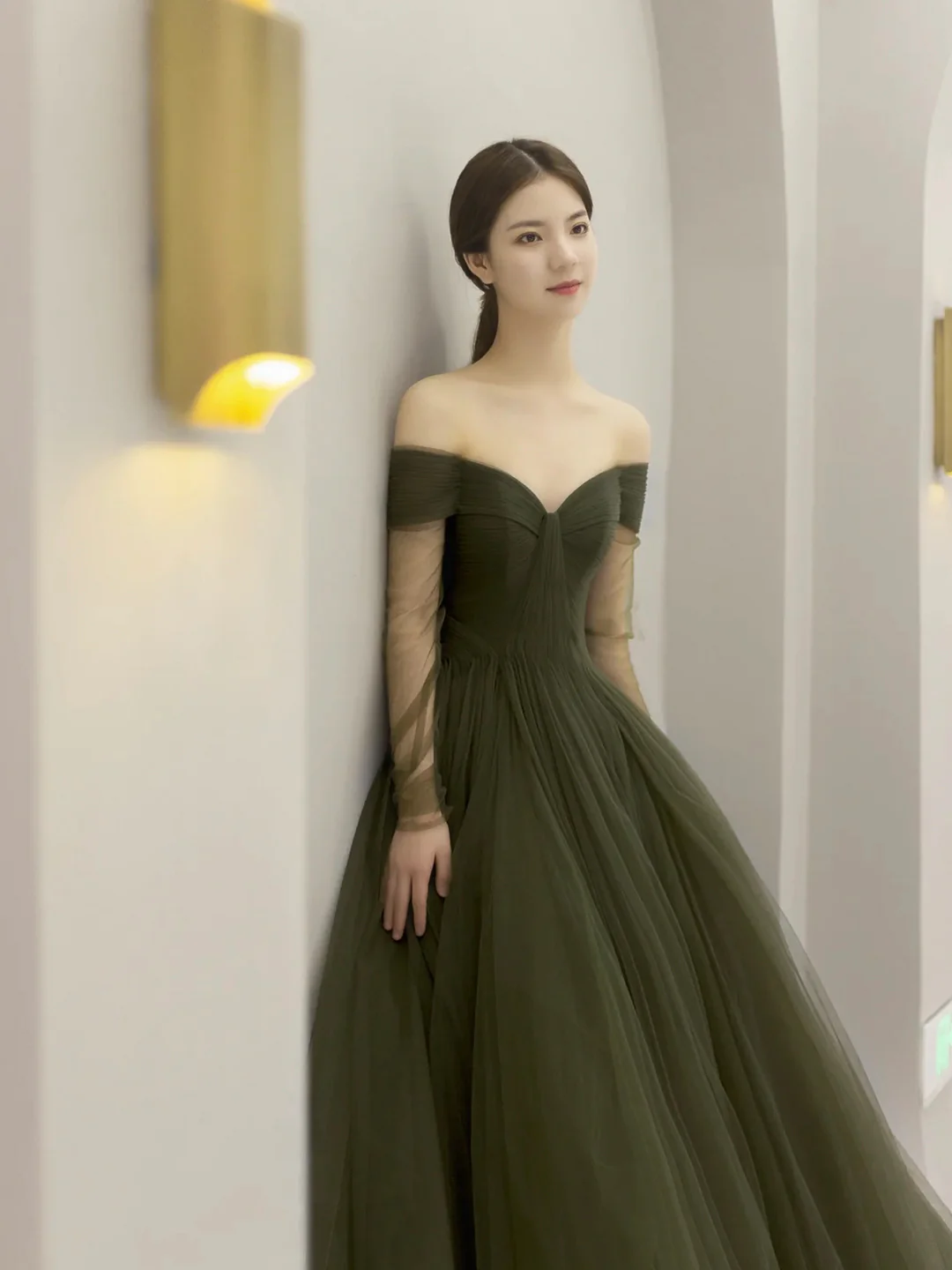 Green Tulle Long A-Line Prom Dress, Off the Shoulder Long Sleeve Tulle Party Dress fg5227
