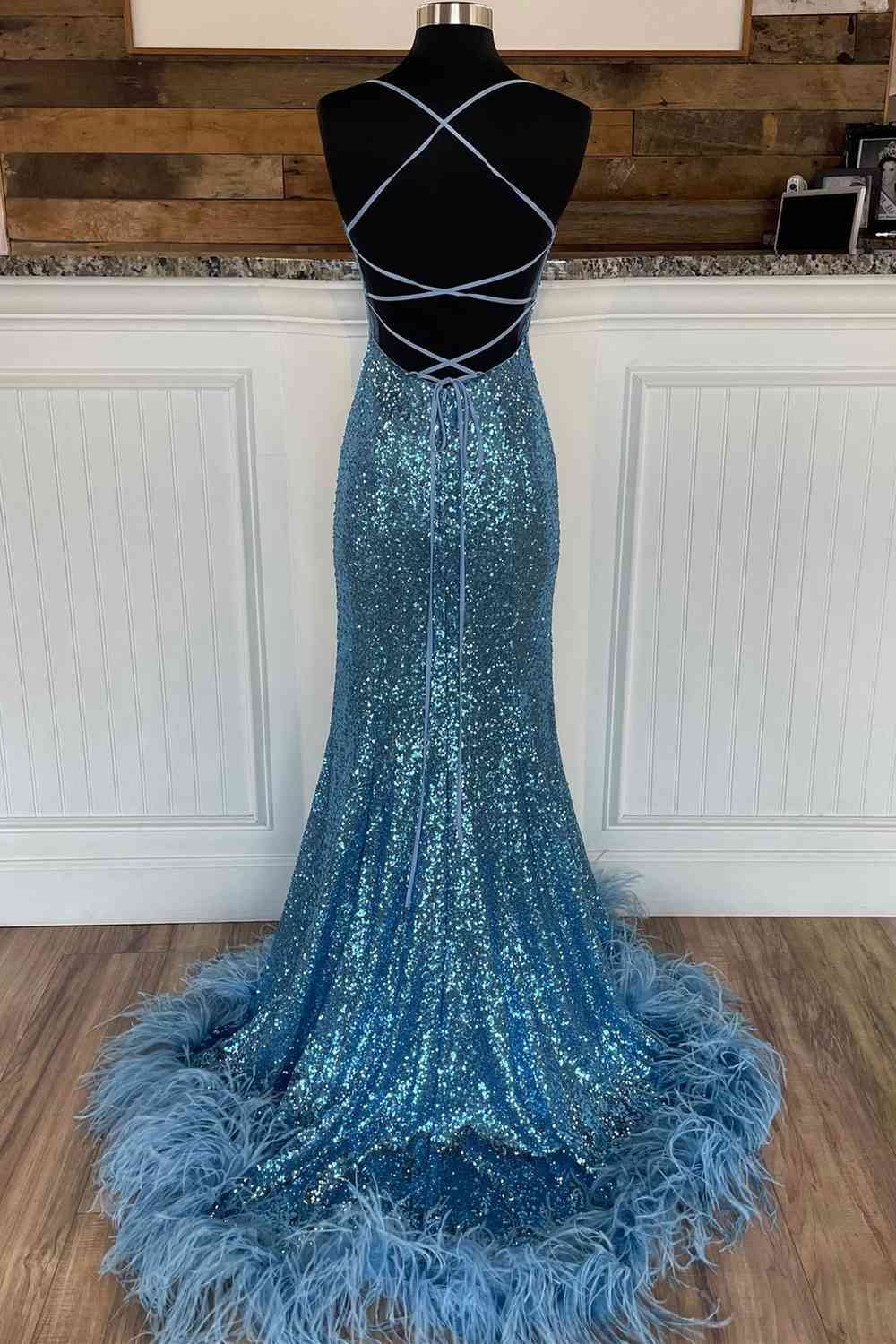 Long Sequined Straps Prom Dress with Feather Hem fg5828