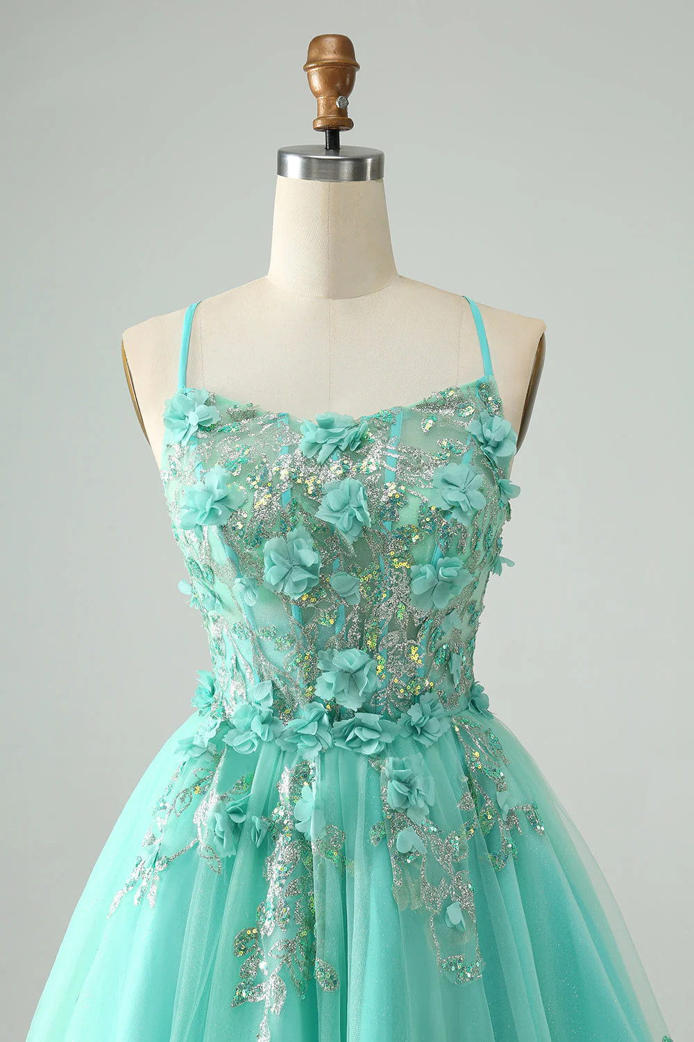 Sweet Green A Line Spaghetti Straps Corset Short Homecoming Dress with Appliques fg5497