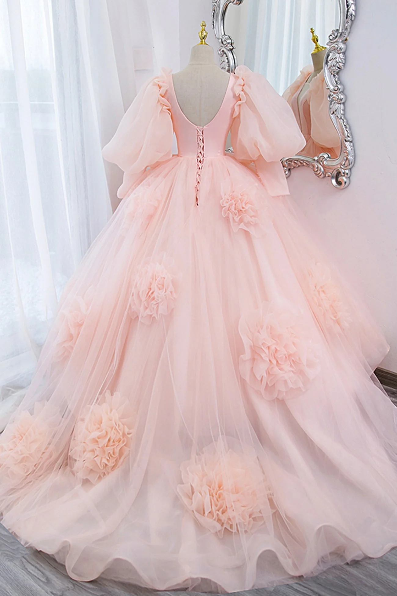 V-Neck Tulle Long Prom Dress, A-Line Puff Sleeve Princess Dress fg5705