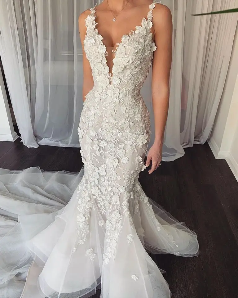Gorgeous Mermaid Wedding Dresses 3D Floral Appliqued Sweep Train Country Bridal Gowns fg4600