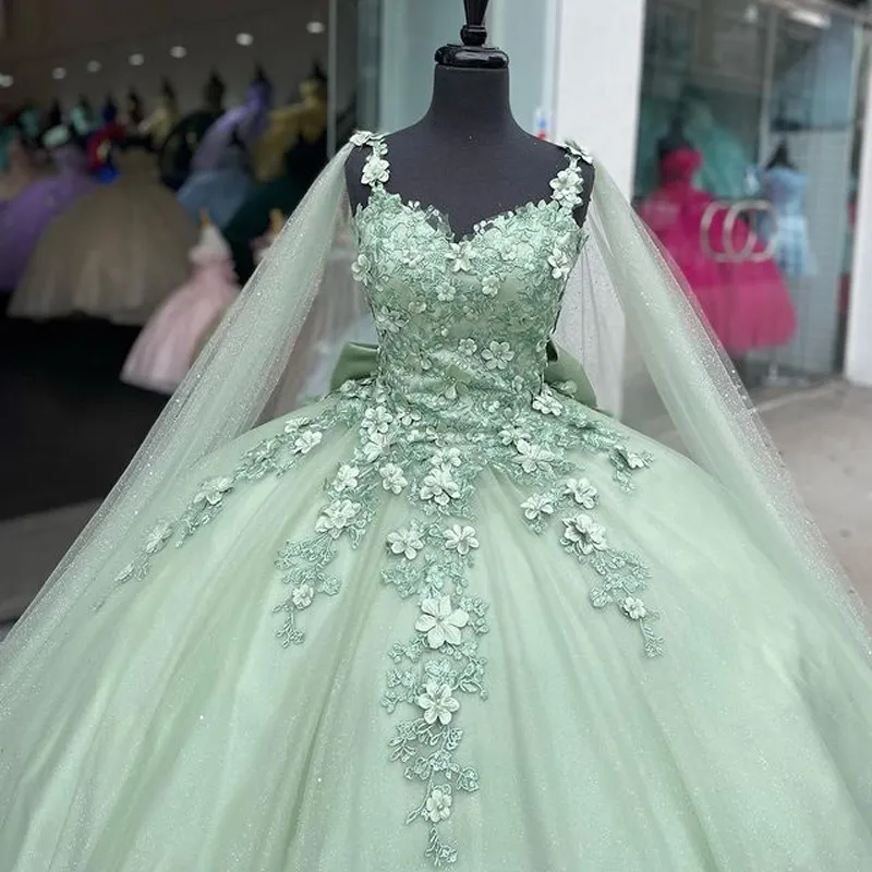 Sage Green Shiny Sweetheart Quinceanera Dresses With Cape Sweet 16 Dresses Ball Gown Applique Tulle Birthday Gowns fg4540
