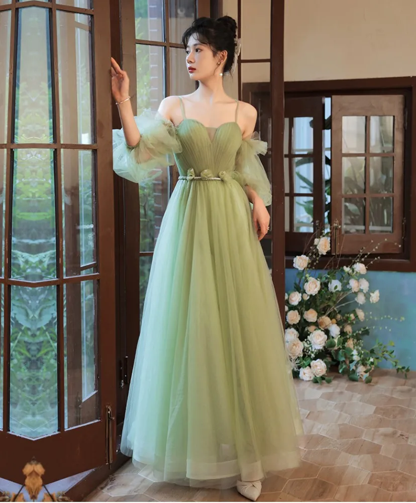 green tulle a line long prom dress, green tulle formal dress fg2704