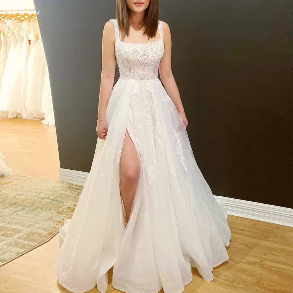 Charming A Line Square Neck Tulle Wedding Dresses with Appliques fg5940