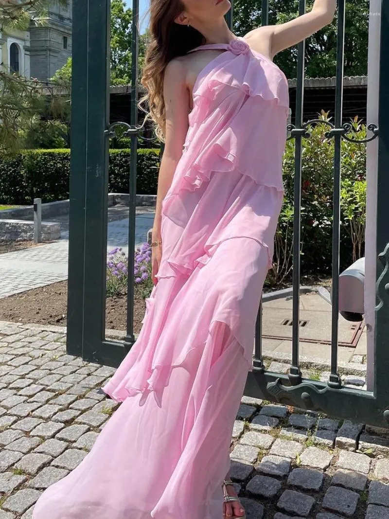 Women's Elegant 3D Flower Halter Neck Long Prom Dress Ruffled Tiered Dress fg5908