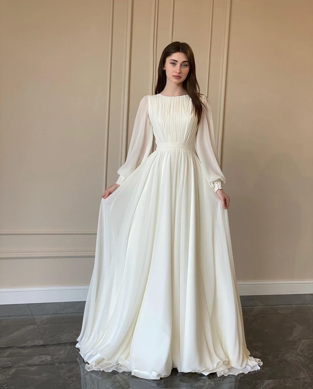 Women Elegant Pleated Lantern Sleeve Round Neck Maxi Dress Fashion Long Sleeve Party Evening Dress fg5902