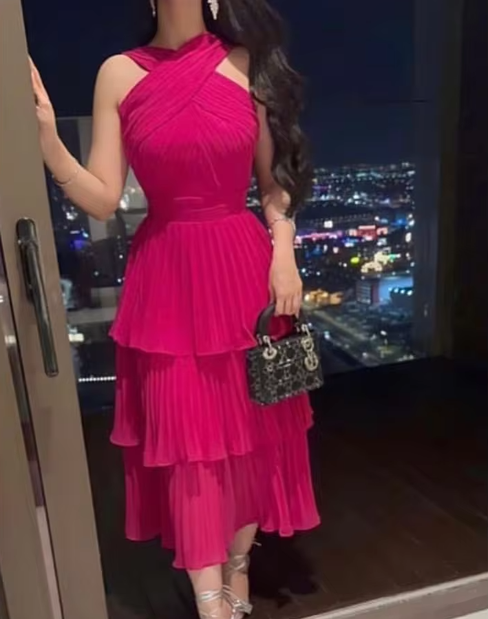 Fuchsia long pleated evening dress, cocktail dress, special occasion dress fg6053