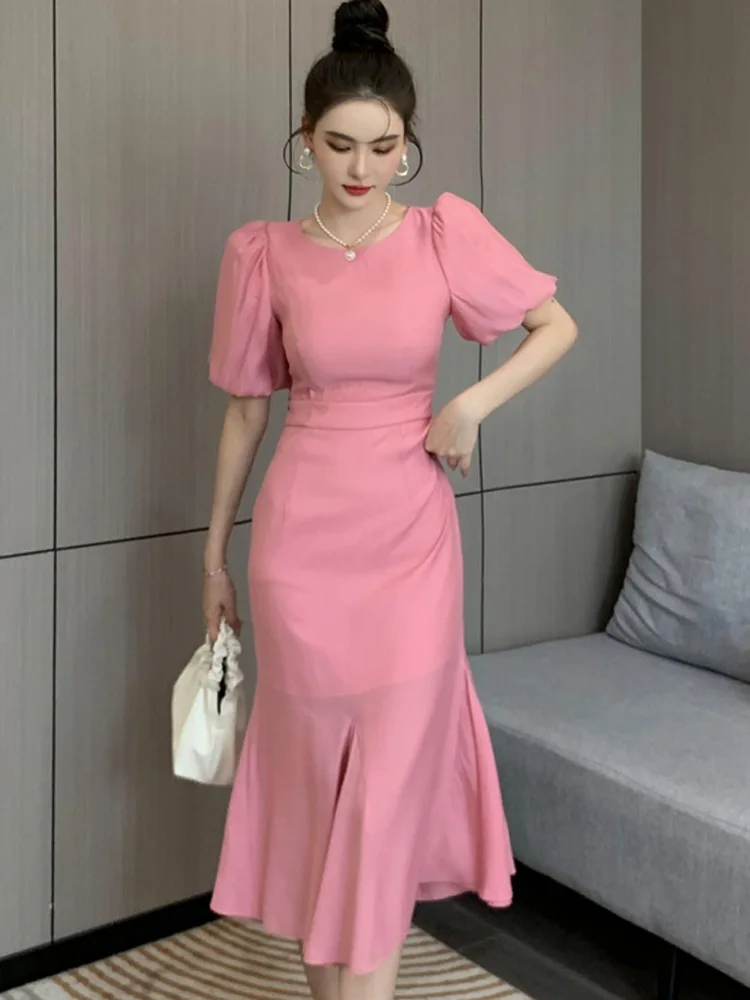 Classy Pink Puff Sleeves Mid-length Prom Dress,Pink Evening Dress fg4680