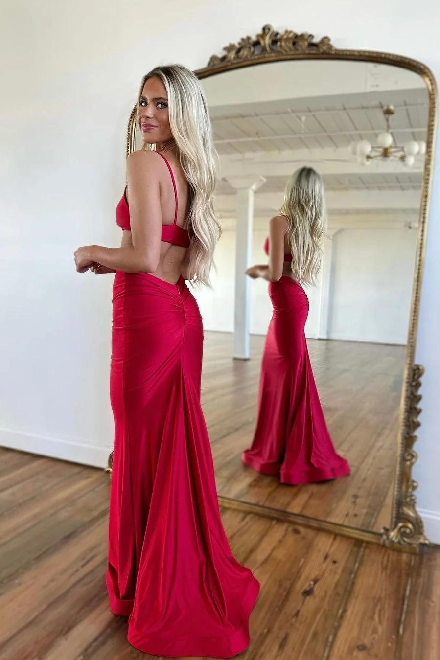Prom Dress Simple Red Spaghetti Strap Long Mermaid Gown fg4723