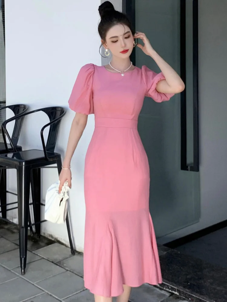 Classy Pink Puff Sleeves Mid-length Prom Dress,Pink Evening Dress fg4680