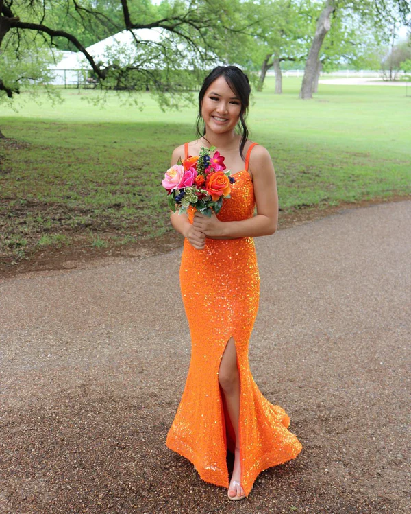 Elegant Mermaid Orange Sequins Long Prom Dress Formal Evening Dresses fg4727