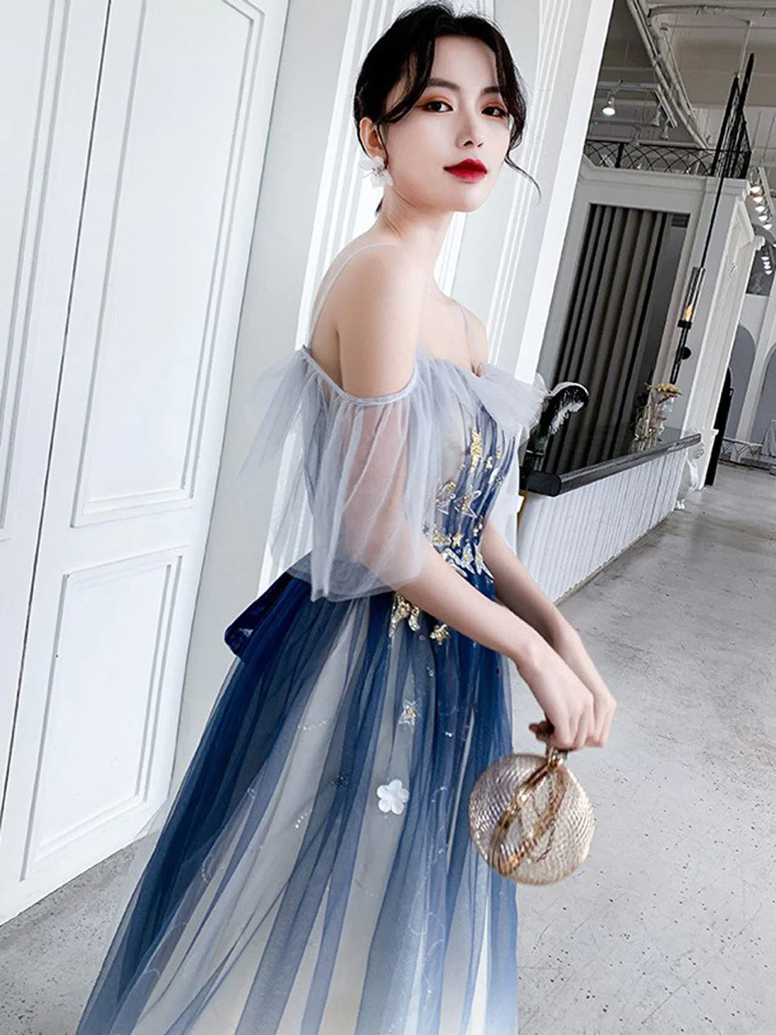 Blue Aline tulle long prom dress blue tulle formal dress fg4007