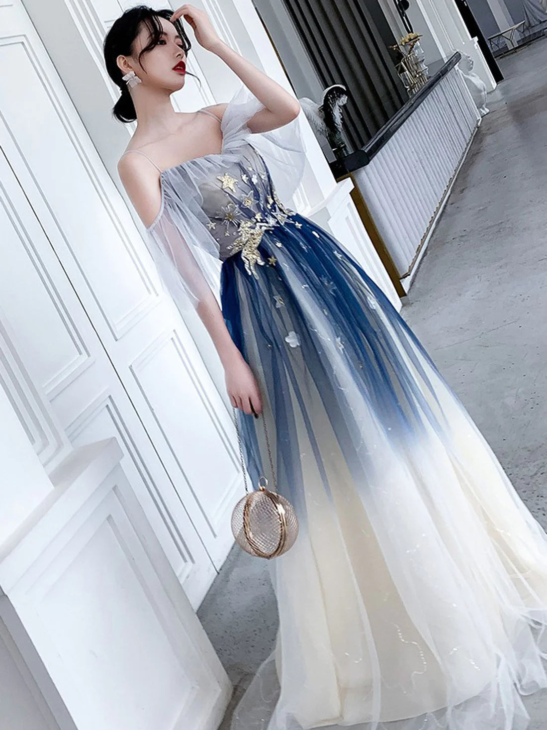 Blue Aline tulle long prom dress blue tulle formal dress fg4007