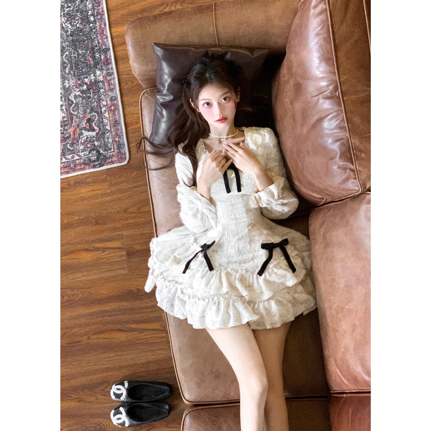 A beautiful white long-sleeved dress princess birthday cake winter dress A14