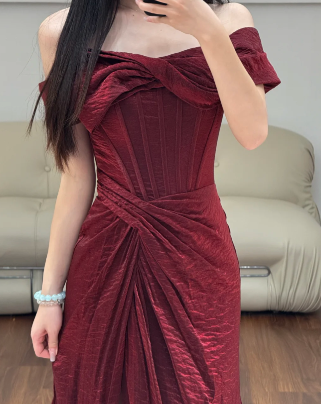 Off The Shoulder Prom Party Dress Burgundy Evening Dress Graduation Dress fg8627