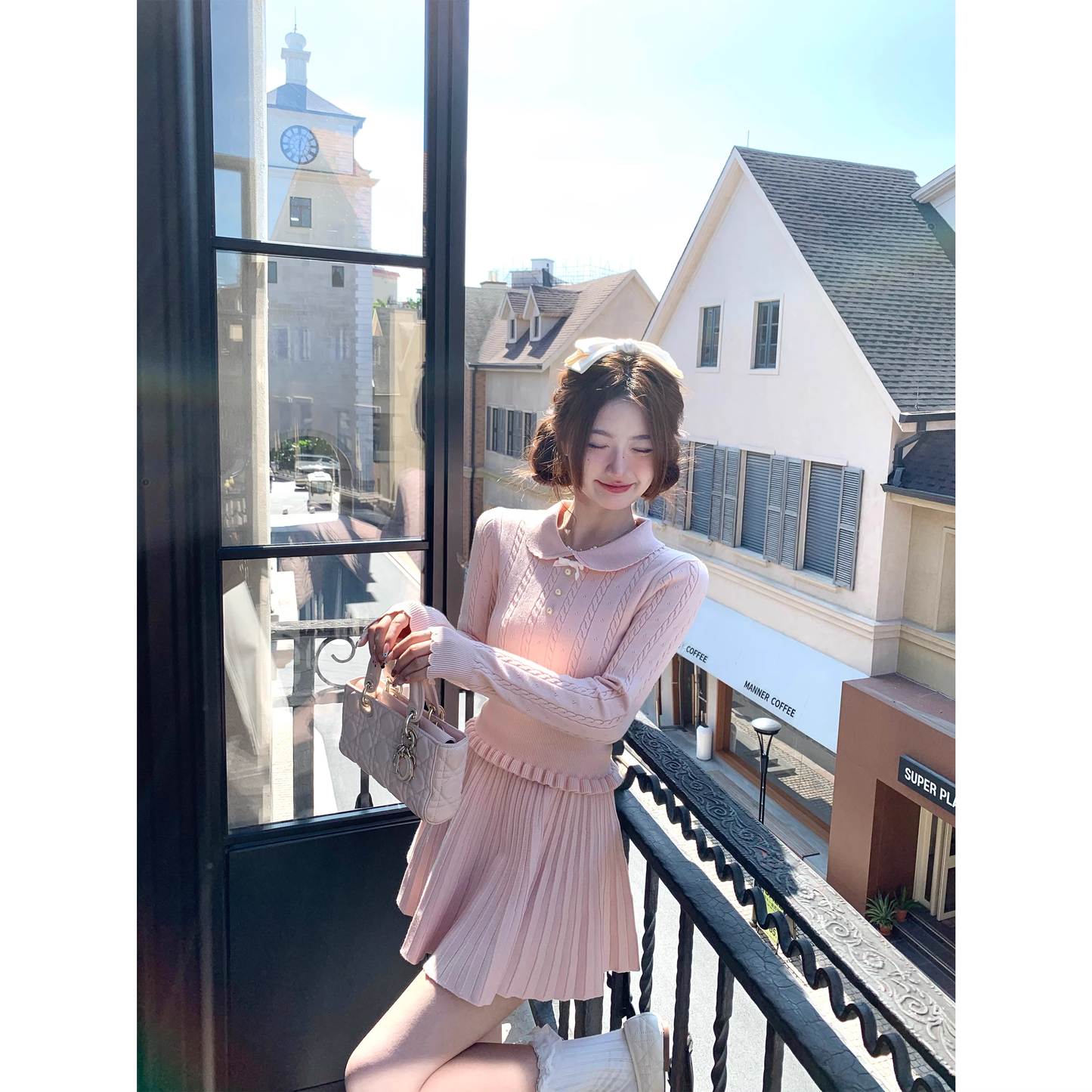 Pink long-sleeved knit sweater and skirt set - super cute autumn/winter outfit A06