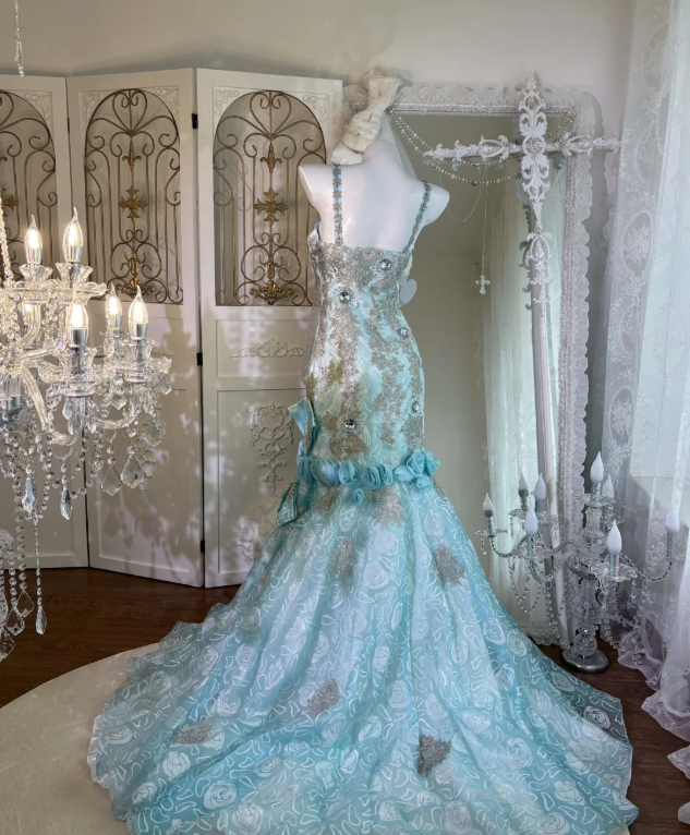 Blue Mermaid Lace Prom Party Dress Evening Dress Birthday Dress fg8647