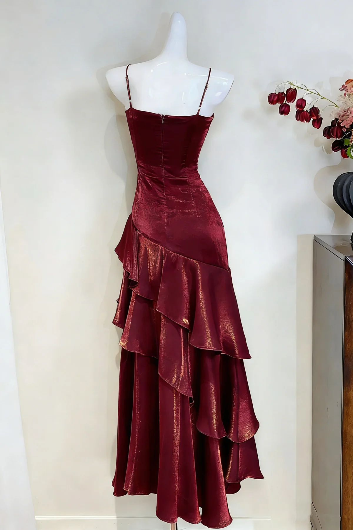 Wine Red Satin Ruched Prom Dress,Spaghetti Straps Tiered Party Dress Evening Dress fg8720